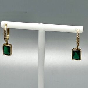 Gold Plated Huggie Earrings With Green Crystal Drops